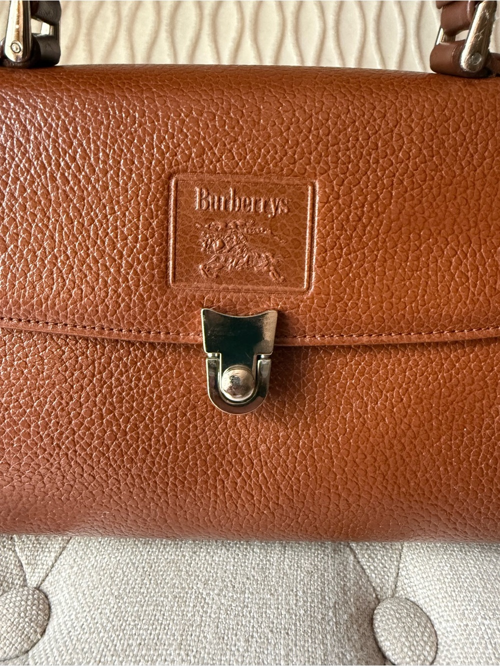 Vintage Burberrys Brown Pebbled Leather Top Handle Satchel Bag Check Lined - Picture 3 of 11
